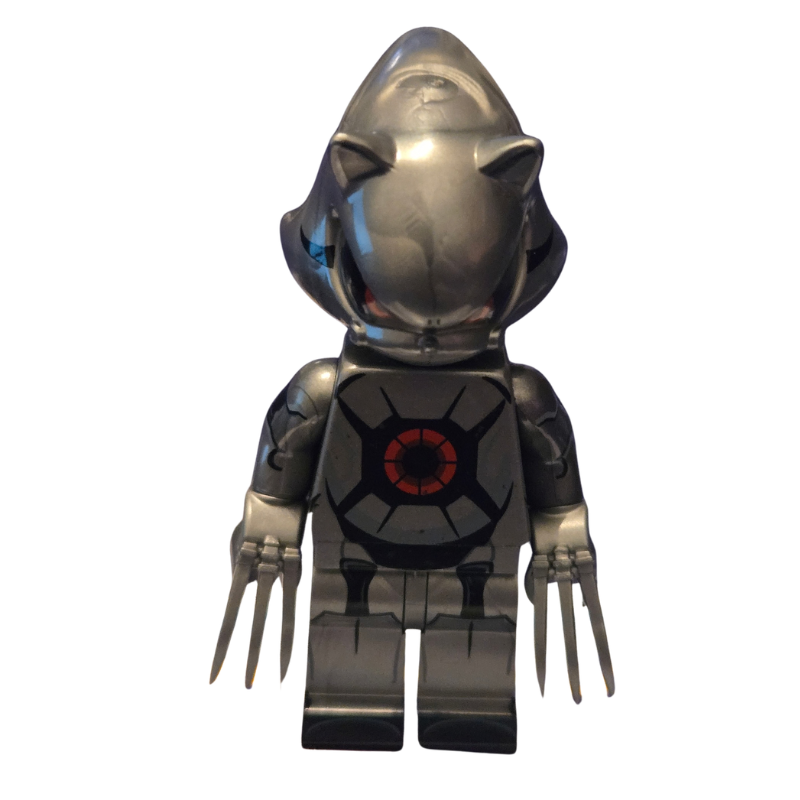 Toy figure with metallic gray hood and suit on a white background