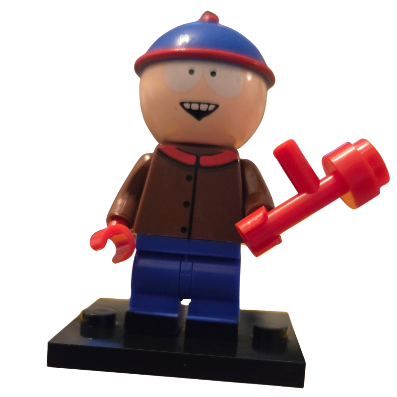Toy figure with a blue hat, brown jacket, and red tool on a white background