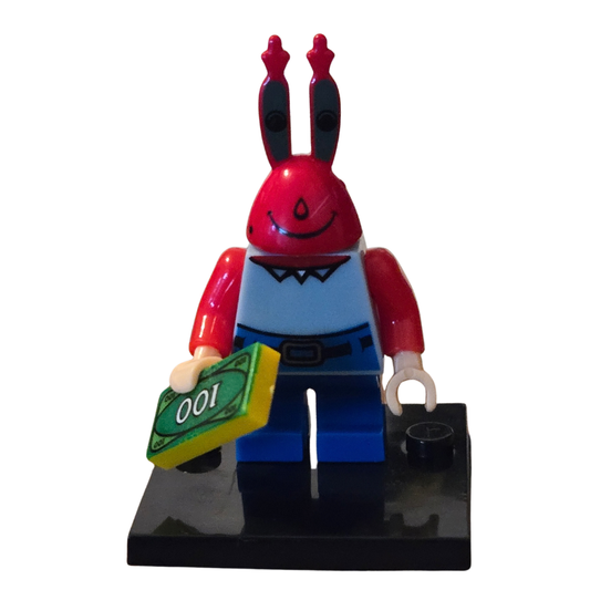 Toy figure with red head and blue body holding a green card on a white background