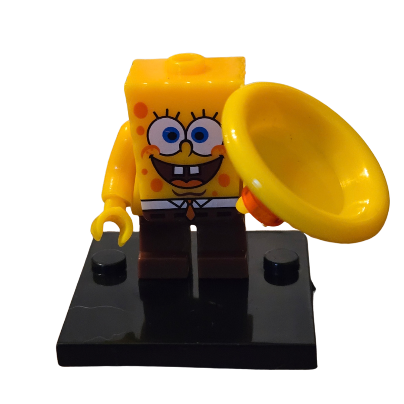 SpongeBob SquarePants figure holding a yellow disk on a black base with a white background