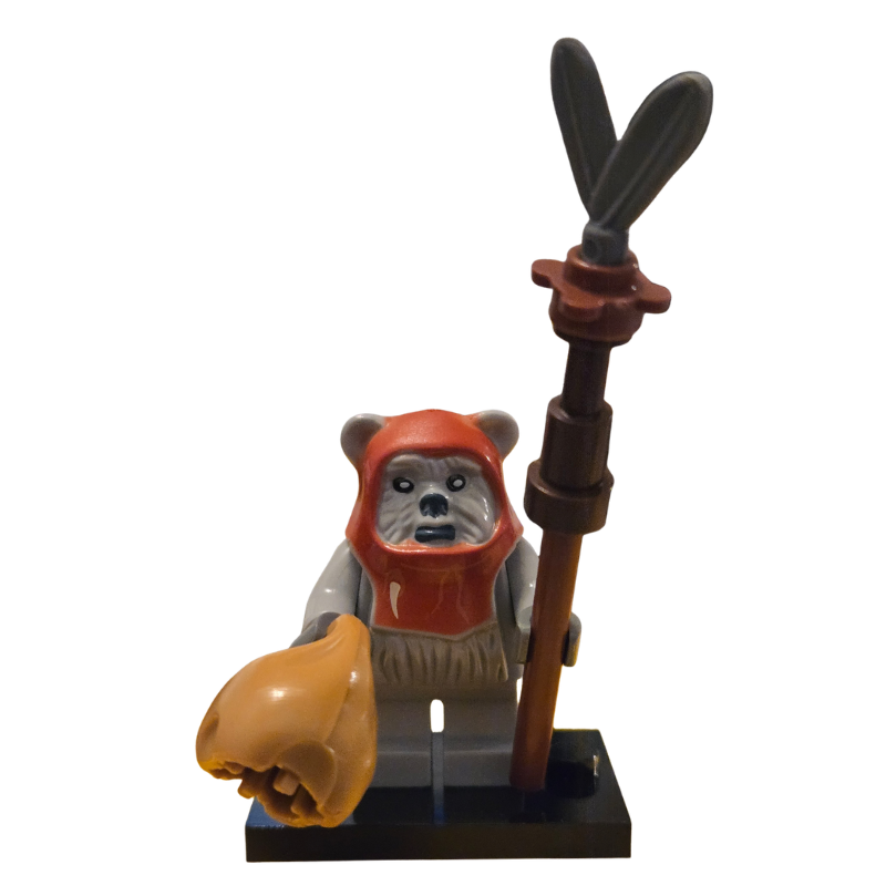 LEGO Ewok holding a staff and bag on a white background