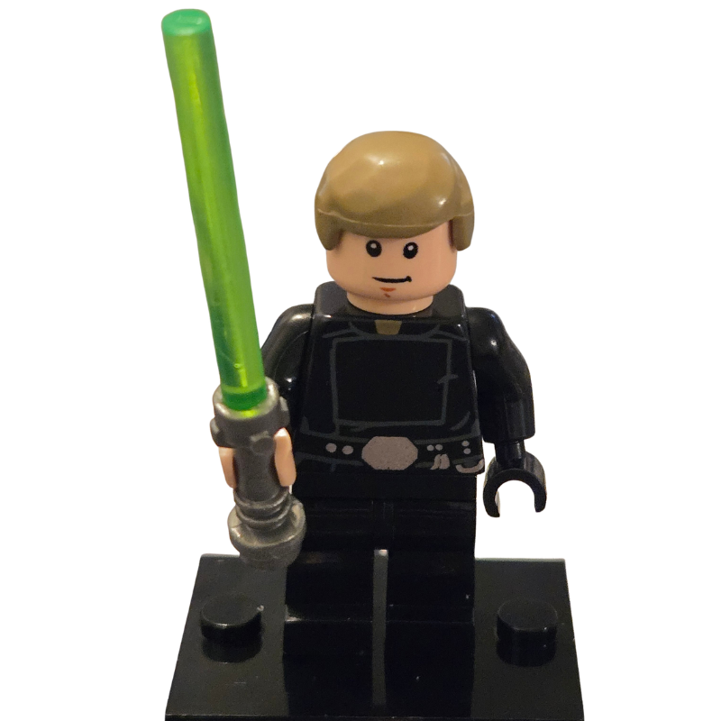 LEGO minifigure with a green lightsaber on a white background