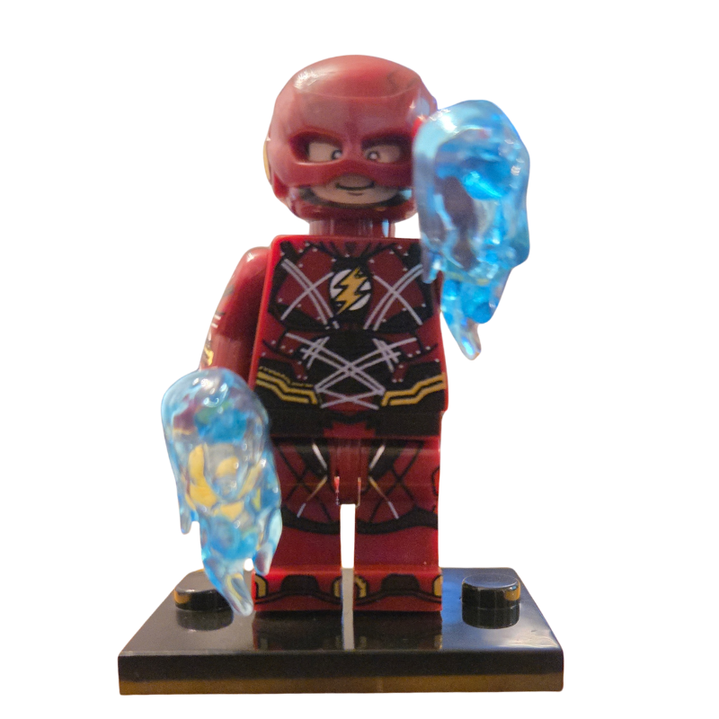 Superhero figurine with red helmet and costume holding blue energy crystals on a white background