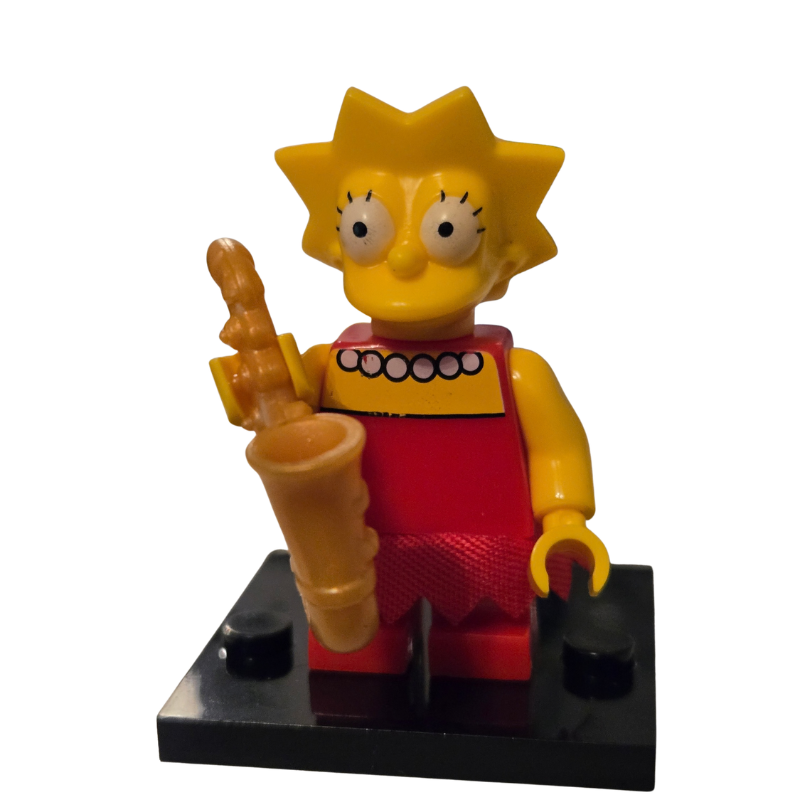Toy figure of a character from 'The Simpsons' holding a saxophone on a white background