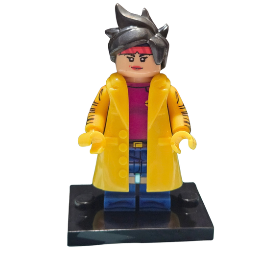 Toy figure with a yellow coat and silver helmet on a white background