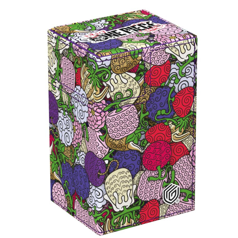 A collectible card box featuring a dense, colorful illustration of various fruits from the anime series One Piece, with the 'One Piece' brand name visible on the top panel.