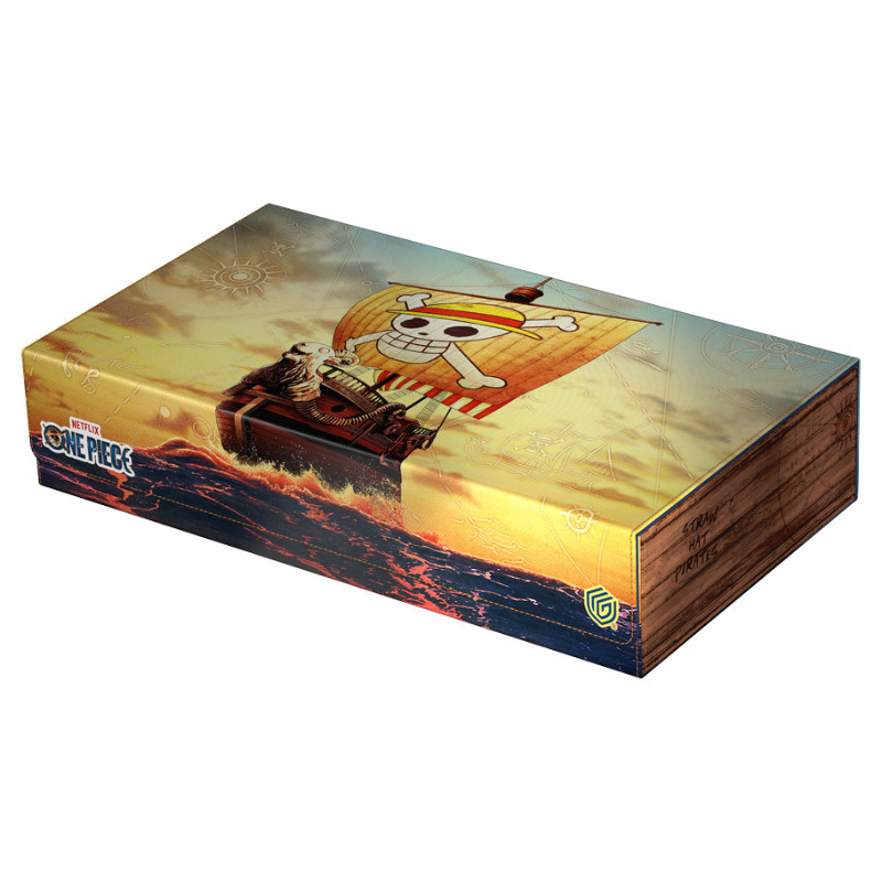 Product packaging with a cartoon character on a boat against a sunset sky, featuring the One Piece branding.