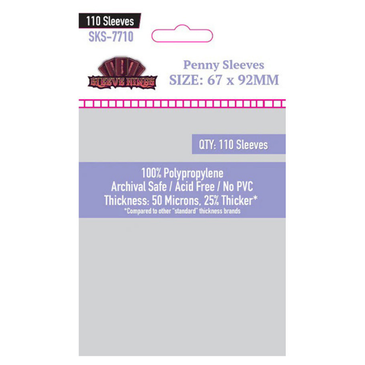 Packaging of Penny Sleeves with product details on a white background