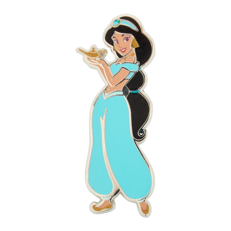 An enamel pin of Disney's Jasmine Aladdin, shown holding a gold genie lamp. The pin features light blue pants and top, black hair, and gold outlines and accents, set against a plain white background.
