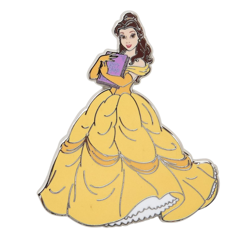 A Belle from Beauty and the Beast enamel pin, wearing her iconic yellow ballgown and holding a purple book, set against a plain white background.