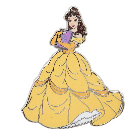 A Belle from Beauty and the Beast enamel pin, wearing her iconic yellow ballgown and holding a purple book, set against a plain white background.