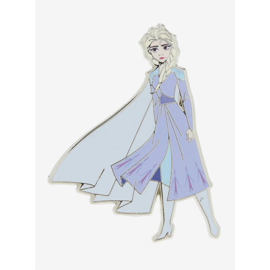 An enamel pin depicting the character Elsa from Frozen, wearing a light blue and lavender dress with a flowing cape, on a plain light gray background.