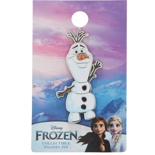 Disney Frozen Olaf collectible enamel pin on its original backing card, featuring Olaf with a carrot nose and twig arms against a snowy mountain background with Anna and Elsa illustrations.
