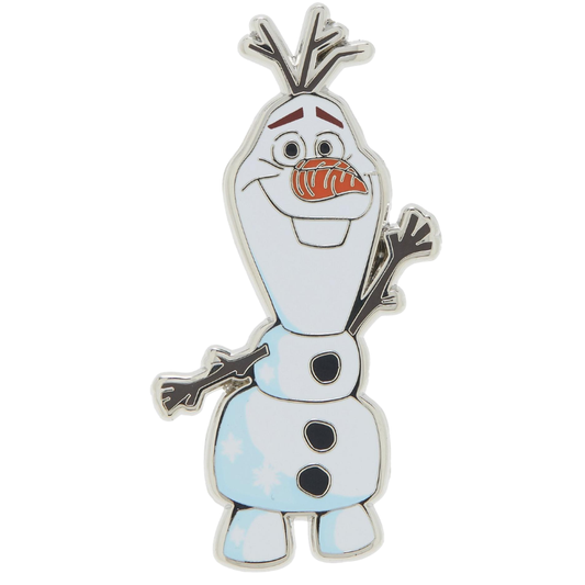 An enamel pin of Disney's Olaf from Frozen, featuring his classic white body, light blue snowball, orange carrot nose, and twig arms on a white background.