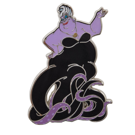 An enamel pin of the Disney character Ursula the Sea Witch, featuring a purple top, black tentacles, and silver metal outlines on a plain white background.