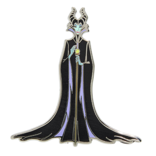 A Disney Maleficent enamel pin featuring the character in her signature black gown with light purple lining, silver metal trim, and a staff, shown on a plain white background.