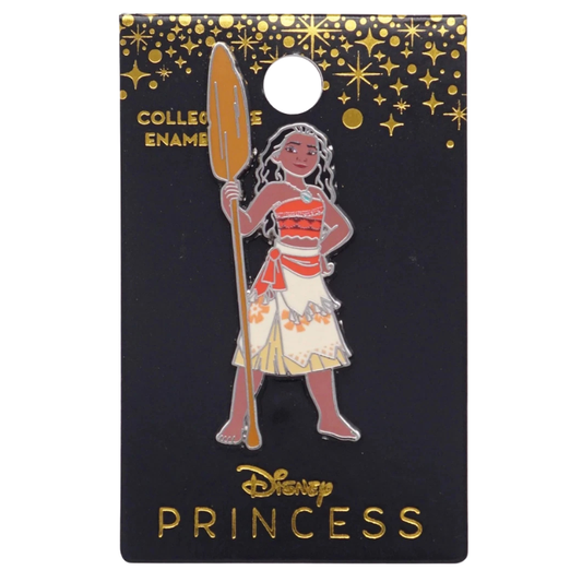 A Disney Princess Moana enamel collector pin mounted on a black display card with gold star details and 'COLLECTOR ENAMEL' and 'Disney PRINCESS' text.