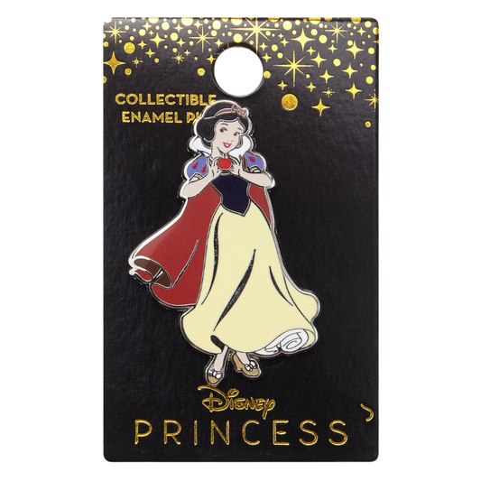 A Disney Princess collectible enamel pin of Snow White holding an apple, mounted on a black display card with gold glitter details and 'Disney PRINCESS' branding.