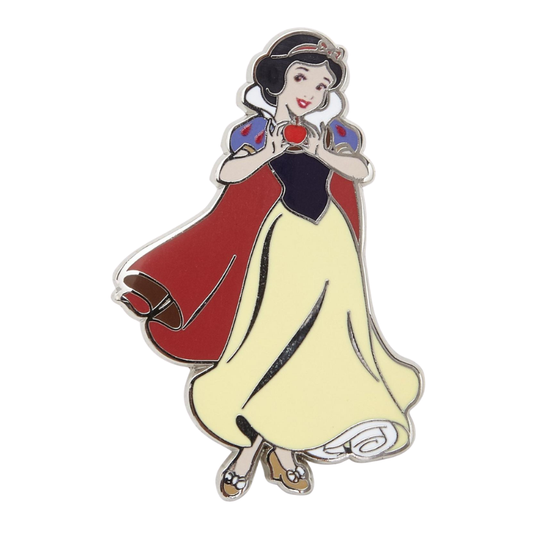 A Snow White enamel pin featuring the character in her classic yellow gown, red cape, and blue sleeves, holding a red apple, on a plain white background.