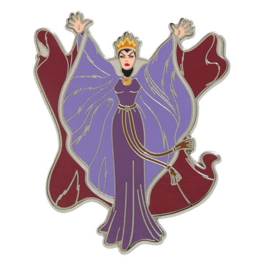 An enamel pin of a fairy-tale queen with outstretched wings, wearing a purple gown, a gold crown, and a red cape, set against a plain white background.