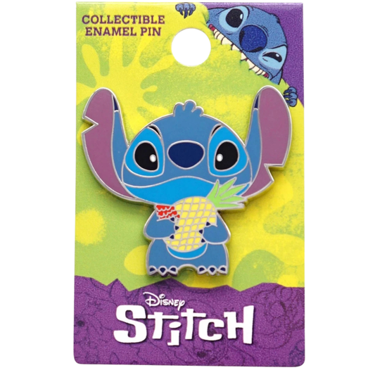 Disney Stitch collectible enamel pin on its original backing card. The pin features the blue character Stitch holding a yellow pineapple, with purple outer ears and a red bow tie, set against a yellow and purple background card with 'COLLECTIBLE ENAMEL PIN' and 'Disney Stitch' text.