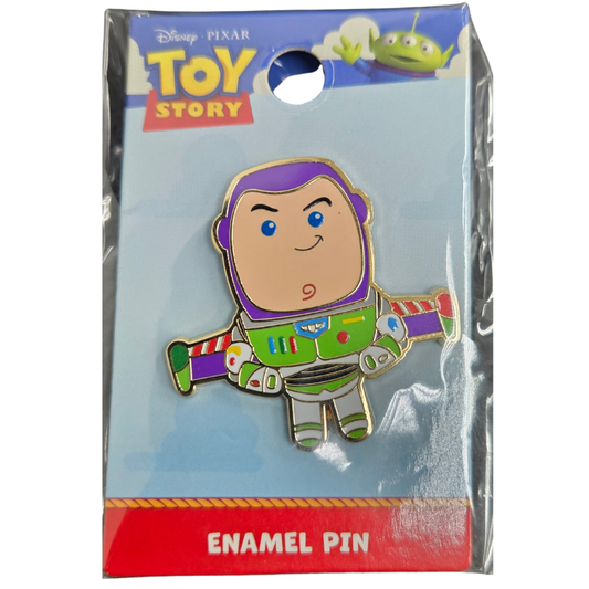 A Buzz Lightyear enamel pin from Disney Pixar Toy Story, displayed on its original retail backing card. The pin features Buzz in his signature green and purple space ranger outfit.