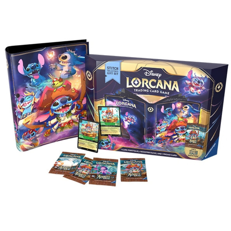 Disney Lorcana Trading Card Game Stitch Starter Gift Set including a character binder, main game box, cards, and booster packs on a white background.