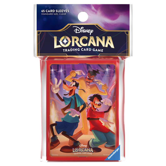 Pack of Disney Lorcana trading card game sleeves with cartoon characters on a white background