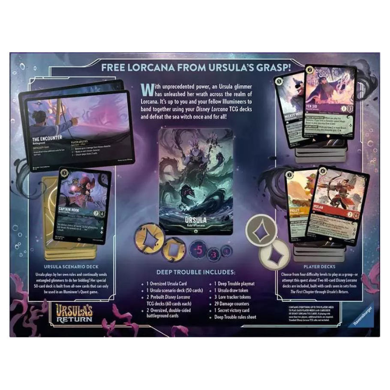A promotional display card for Disney's The Land Trading Card Game, featuring Ursula's 'Deep Trouble' set contents including a scenario deck, player decks, and character cards, with text and illustrations on a dark purple background.