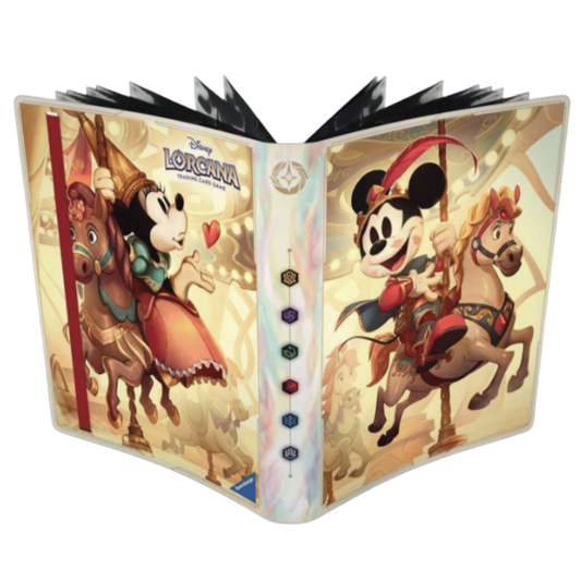 An open Disney Longina Magic Book featuring colorful illustrations of Mickey Mouse and Minnie Mouse on carousel horses, with a vertical spine showing colored gem icons and the Disney Longina title.