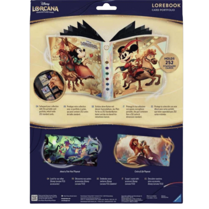 Disney Lorcana card portfolio in its retail packaging, featuring a 3D pop-up book design with Mickey and Minnie Mouse on the cover and character illustrations on the inside pages.