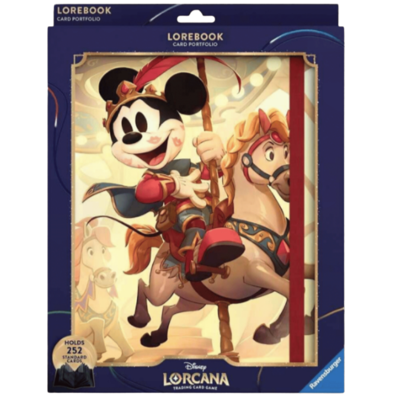 Disney Lorcana Lorebook Card Portfolio in its retail packaging, featuring Mickey Mouse riding a carousel horse on the cover artwork.