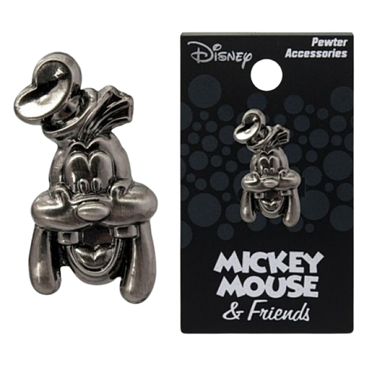 A silver-toned metal Goofy pendant charm from Disney's Pawter Accessories, shown next to its black retail display card featuring the Disney and Mickey Mouse & Friends branding.