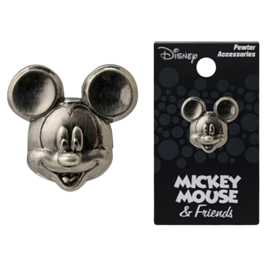 A silver Mickey Mouse head accessory shown next to its black Disney packaging card, labeled 'Pewter Accessories' and 'Mickey Mouse & Friends'.