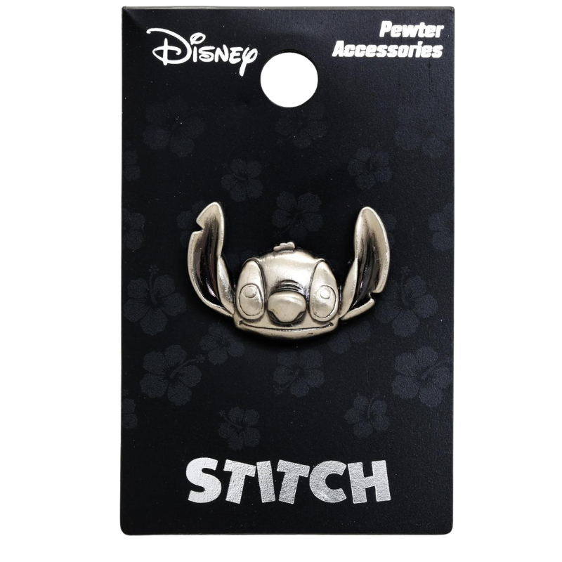 A silver metal Disney Stitch accessory pin mounted on a black display card with 'Disney' and 'Pewter Accessories' branding and the name 'STITCH' printed at the bottom.