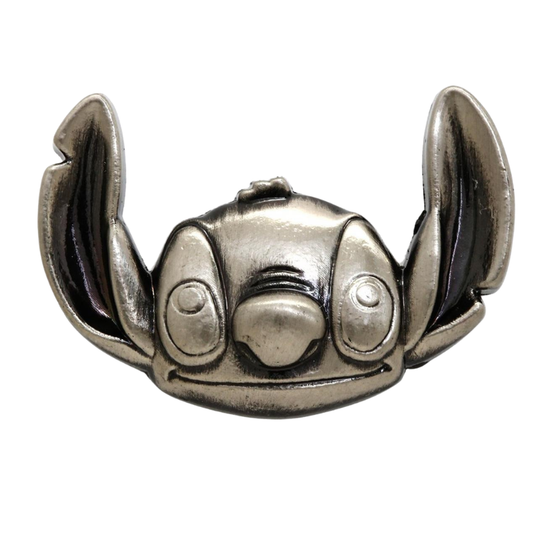 A silver-toned metal pin shaped like Stitch from Disney's Lilo and Stitch, shown against a plain white background.