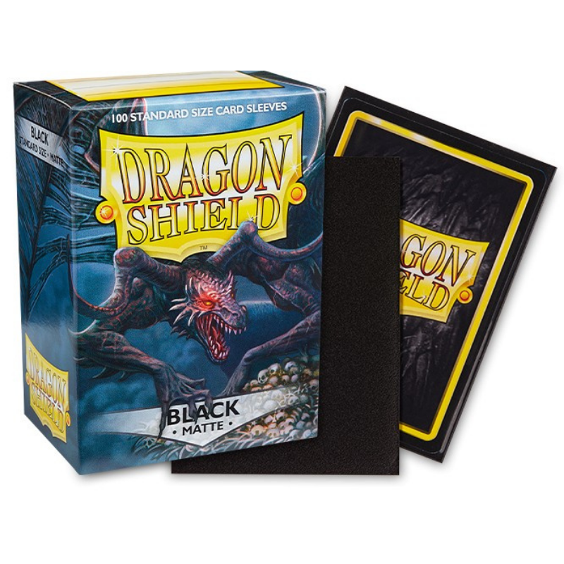 Dragon Shield Black Matte card sleeves shown with their retail box and a stack of the sleeves on a white background.