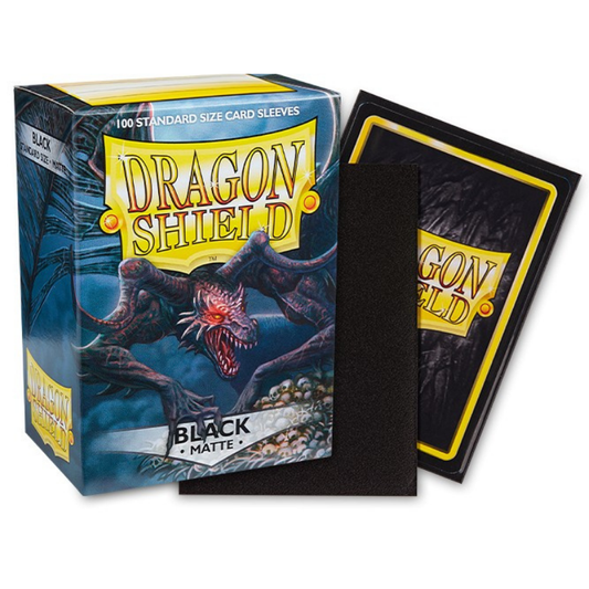 Dragon Shield Black Matte card sleeves shown with their retail box and a stack of the sleeves on a white background.