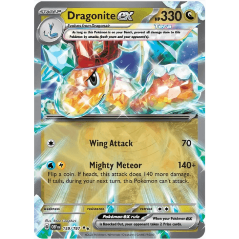 Dragonite EX trading card with detailed artwork and text on a white background