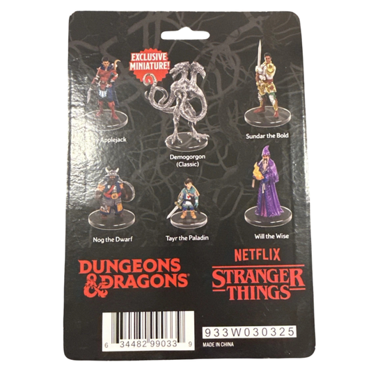 Dungeons & Dragons Co. Netflix Stranger Things exclusive miniature card featuring six character miniatures: Applejack, Demogorgon (Classic), Sundar the Bold, Nog the Dwarf, Tayr the Paladin, and Will the Wise, on a black backing card.