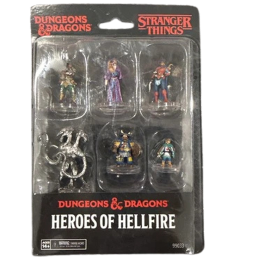 Dungeons & Dragons Heroes of Hellfire set in blister card packaging, featuring six painted fantasy miniatures and a silver dragon model on a black backing card with red and white text.