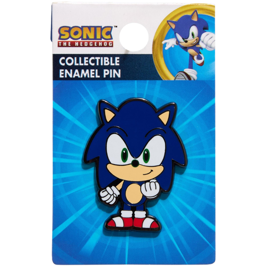 A Sonic the Hedgehog collectible enamel pin mounted on its original blue retail card packaging, featuring Sonic's face and upper body with his signature blue, red, white, and yellow colors.