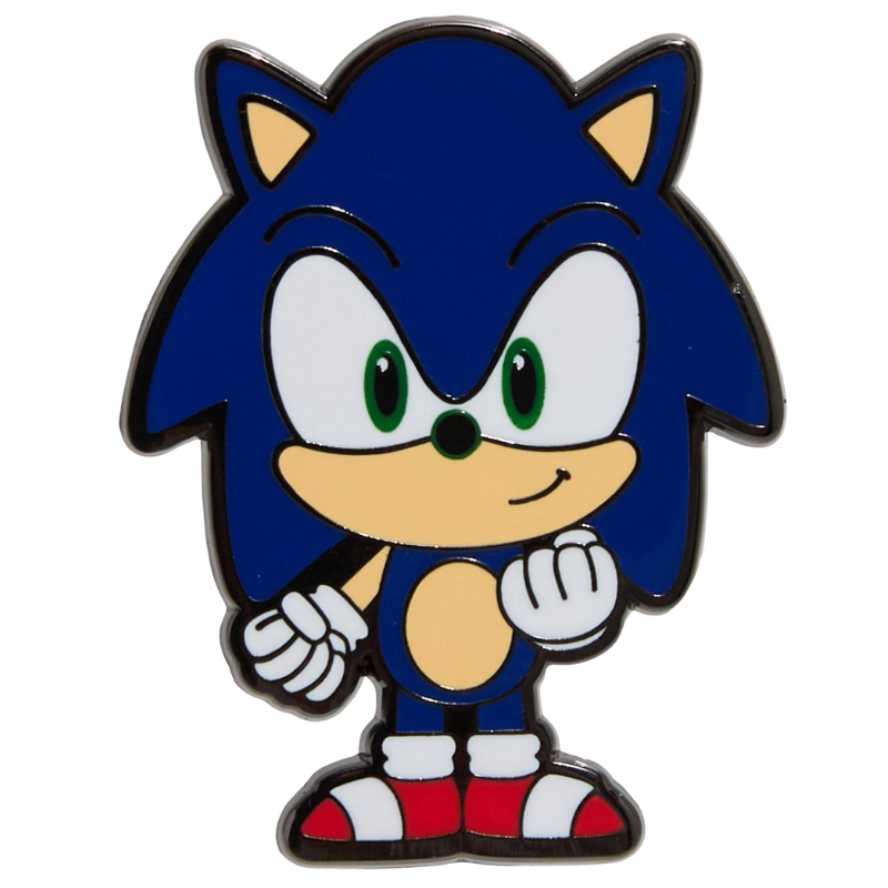 A Sonic the Hedgehog enamel pin featuring a cartoon-style character with blue fur, white gloves and eyes, a beige muzzle and chest, green eyes, and red and white shoes, shown on a plain white background.