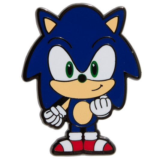 A Sonic the Hedgehog enamel pin featuring a cartoon-style character with blue fur, white gloves and eyes, a beige muzzle and chest, green eyes, and red and white shoes, shown on a plain white background.