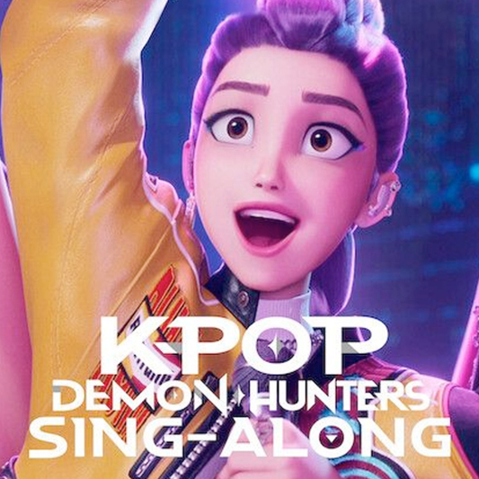 Promotional cover art for a K-pop song featuring an illustrated female character with purple hair and a surprised expression, holding a microphone, with large text reading 'K-POP DEMON HUNTERS SING-ALONG'.