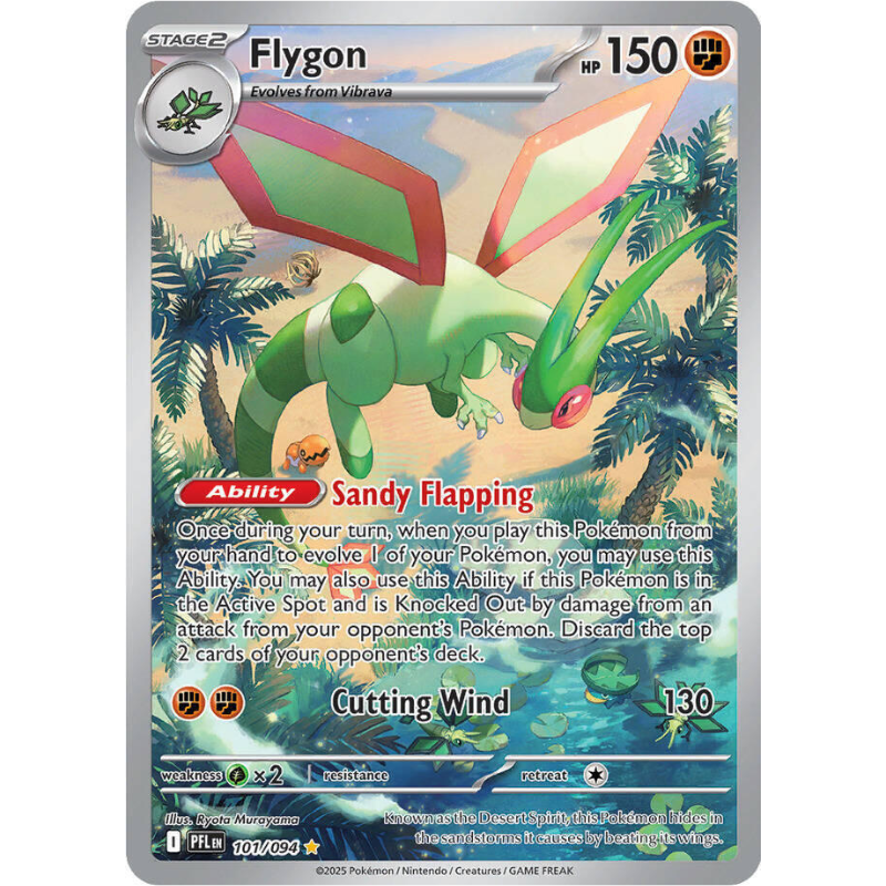 Pokémon trading card featuring Flygon with a tropical background
