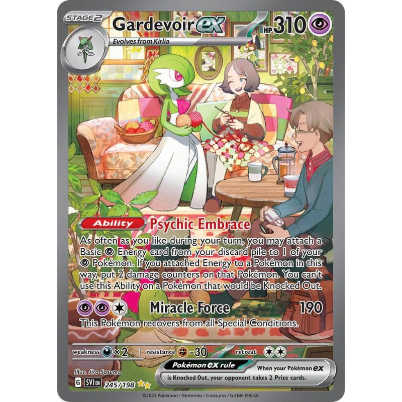 Pokémon trading card featuring Gardevoir EX with a scene of two people at a table.