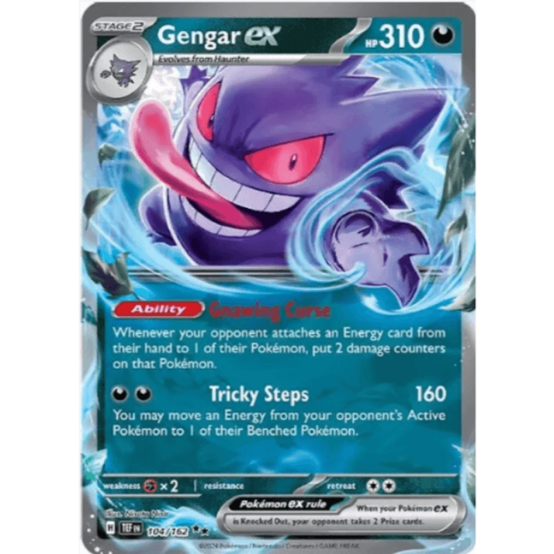 A collectible card from the Pokémon TCG featuring Gengar ex - Temporal Forces with a bold purple and blue design.