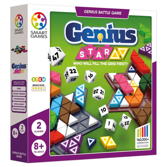 Genius Star Battle Game by Smart Games board game box, featuring a colorful geometric grid board, white dice, and a purple and green packaging design.