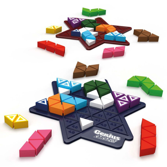 Colorful geometric puzzle pieces on a star-shaped base with 'Genius' branding.